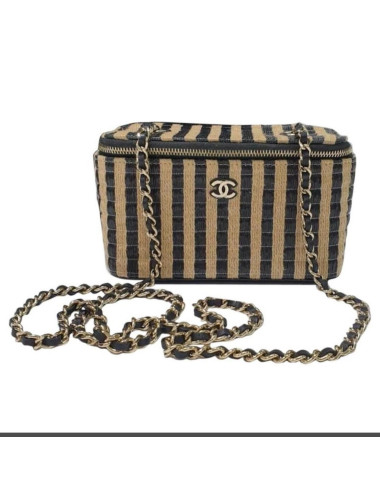 Mini sac Vanity Chanel raphia rayé beige noir : certifié authentique