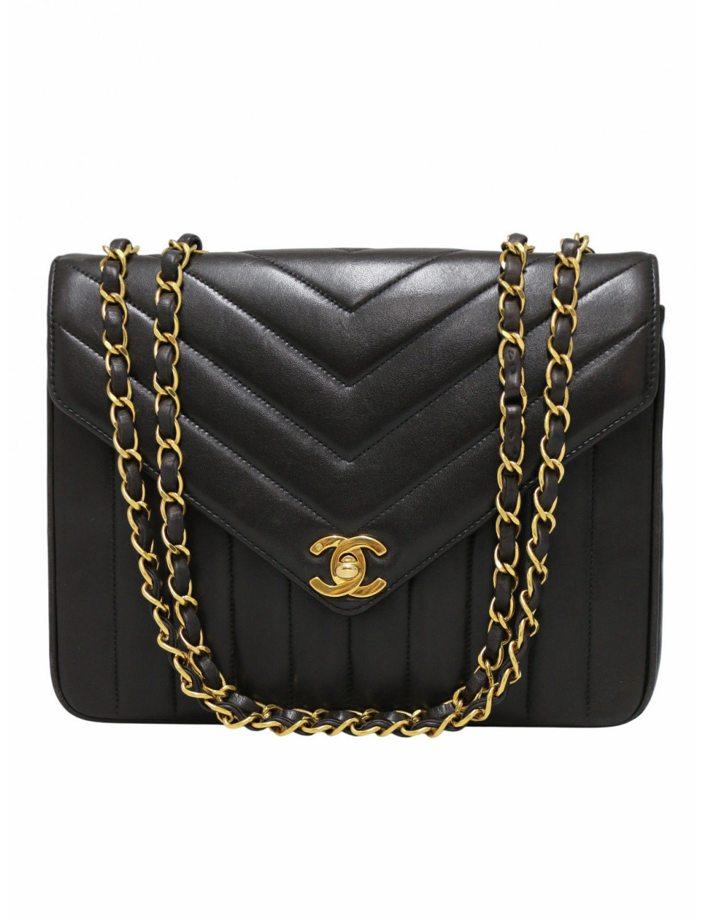 Sac noir Chanel motif chevron vintage