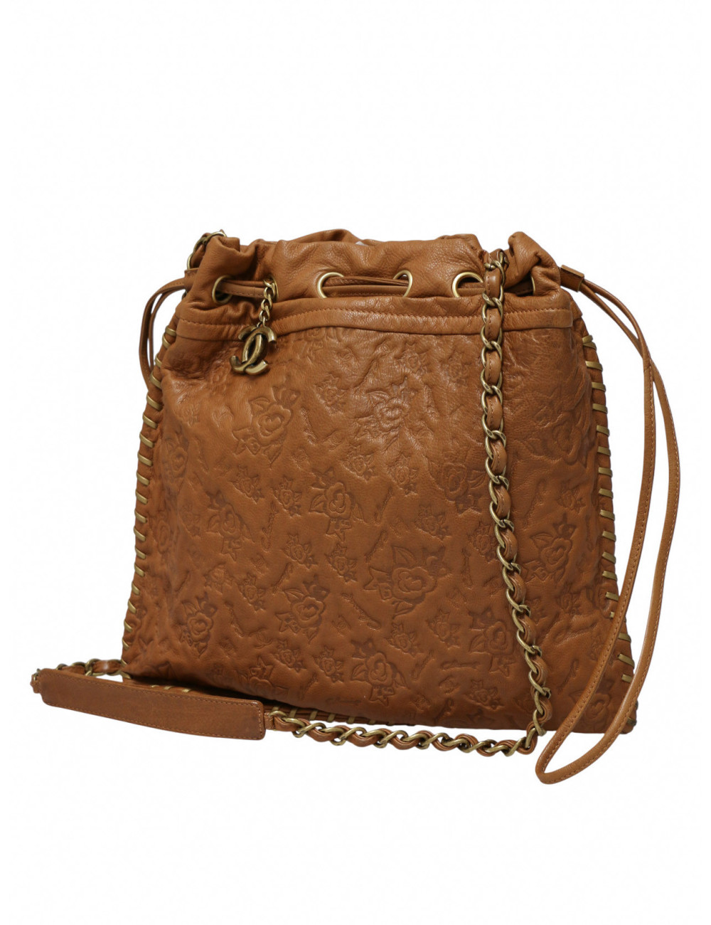 Sac Hobo CHANEL cuir embossé de camélias cognac