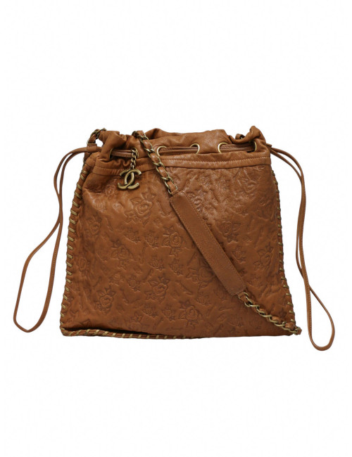 Sac Hobo Chanel cuir embossé de camélias cognac