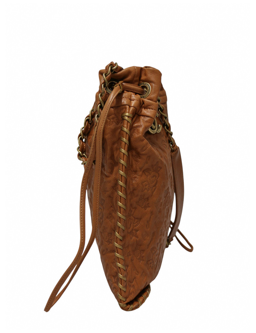 Sac Hobo Chanel cuir embossé de camélias cognac