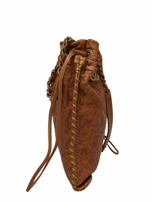 Sac Hobo CHANEL cuir embossé de camélias cognac