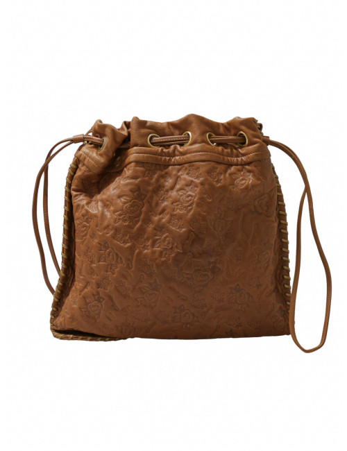 Sac Hobo Chanel cuir embossé de camélias cognac