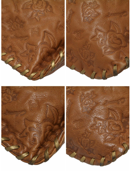 Sac Hobo CHANEL cuir embossé de camélias cognac