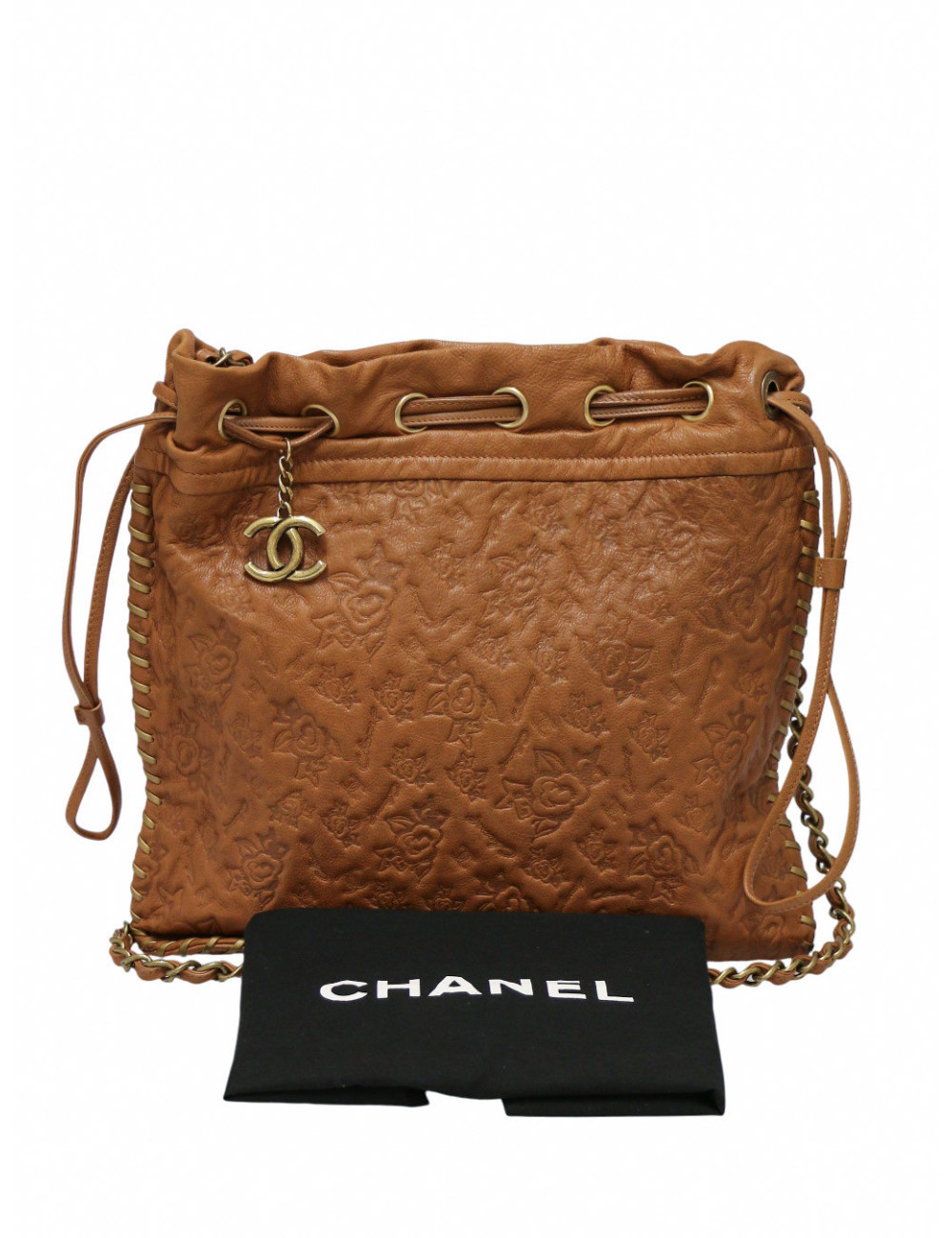 Sac Hobo CHANEL cuir embossé de camélias cognac