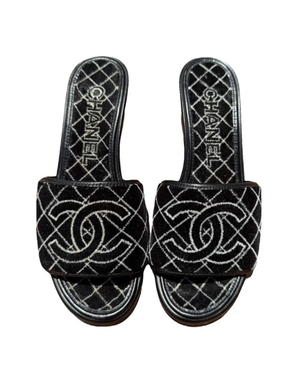 Sandales CHANEL T36,5 velours noir blanc