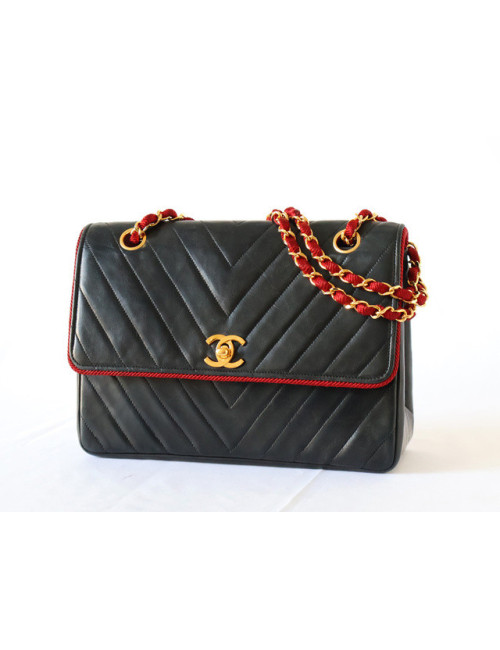 Sac Chanel chevrons noirs galons bordeaux