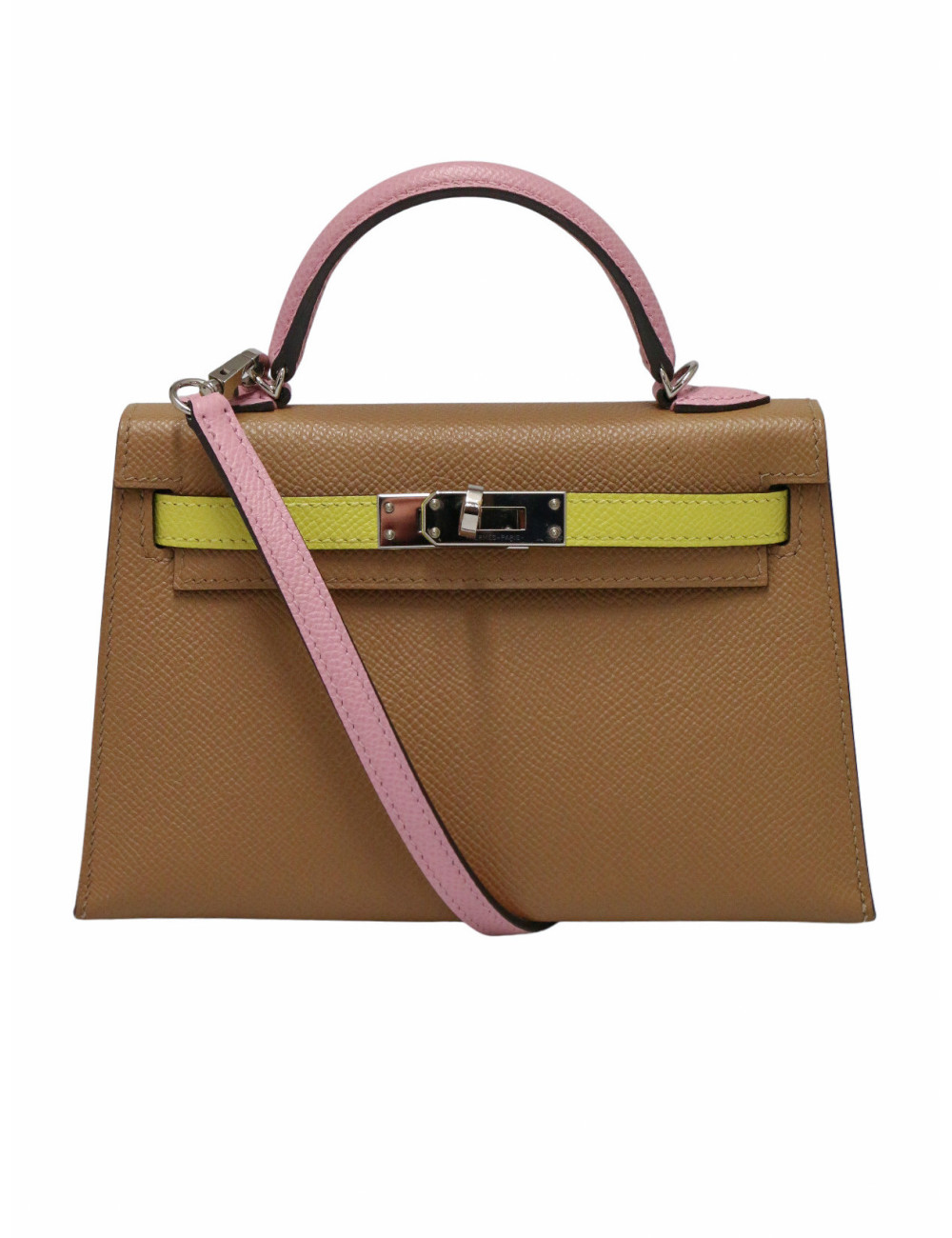 Sac Hermès Mini Kelly tricolore Chai, Mauve Sylevestre et Lime cuir epsom