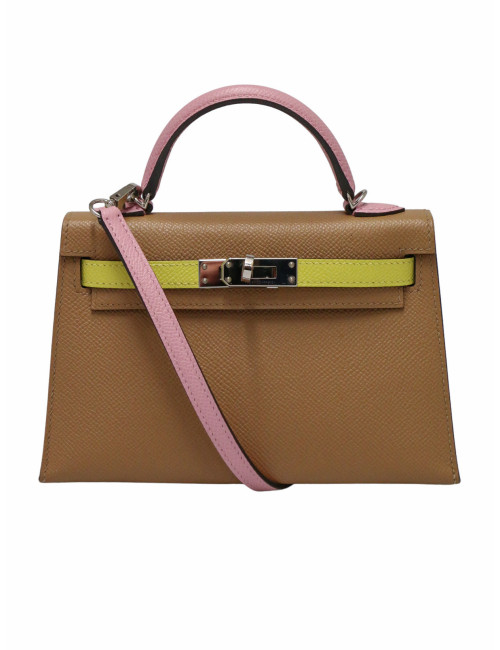 Sac Hermès Mini Kelly tricolore Chai, Mauve Sylevestre et Lime cuir epsom