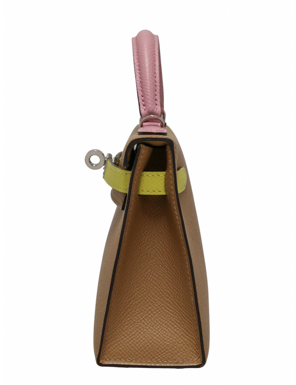Sac Hermès Mini Kelly tricolore Chai, Mauve Sylevestre et Lime cuir epsom