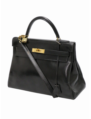Kelly 32 Hermès box noir Vintage bandoulière