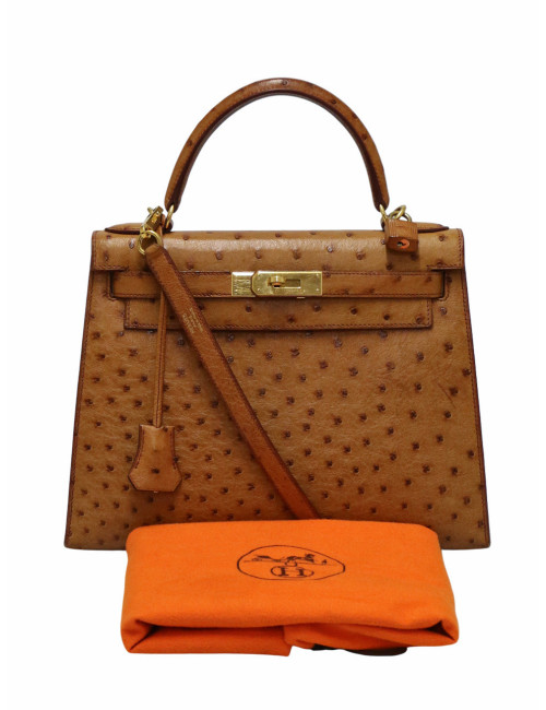 Sac Hermès Kelly 28 sellier autruche gold