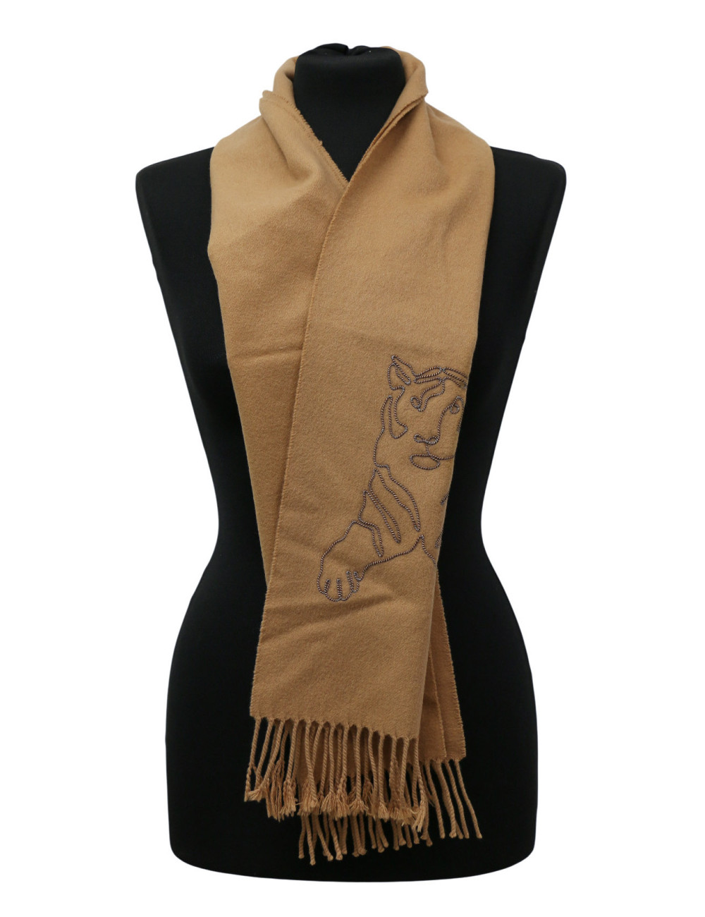 Écharpe Hermès en Cachemire Camel Broderie Tigre