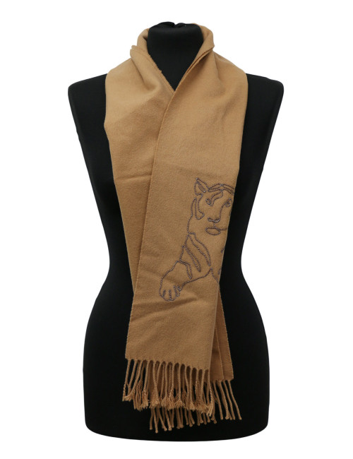Écharpe Hermès en Cachemire Camel Broderie Tigre