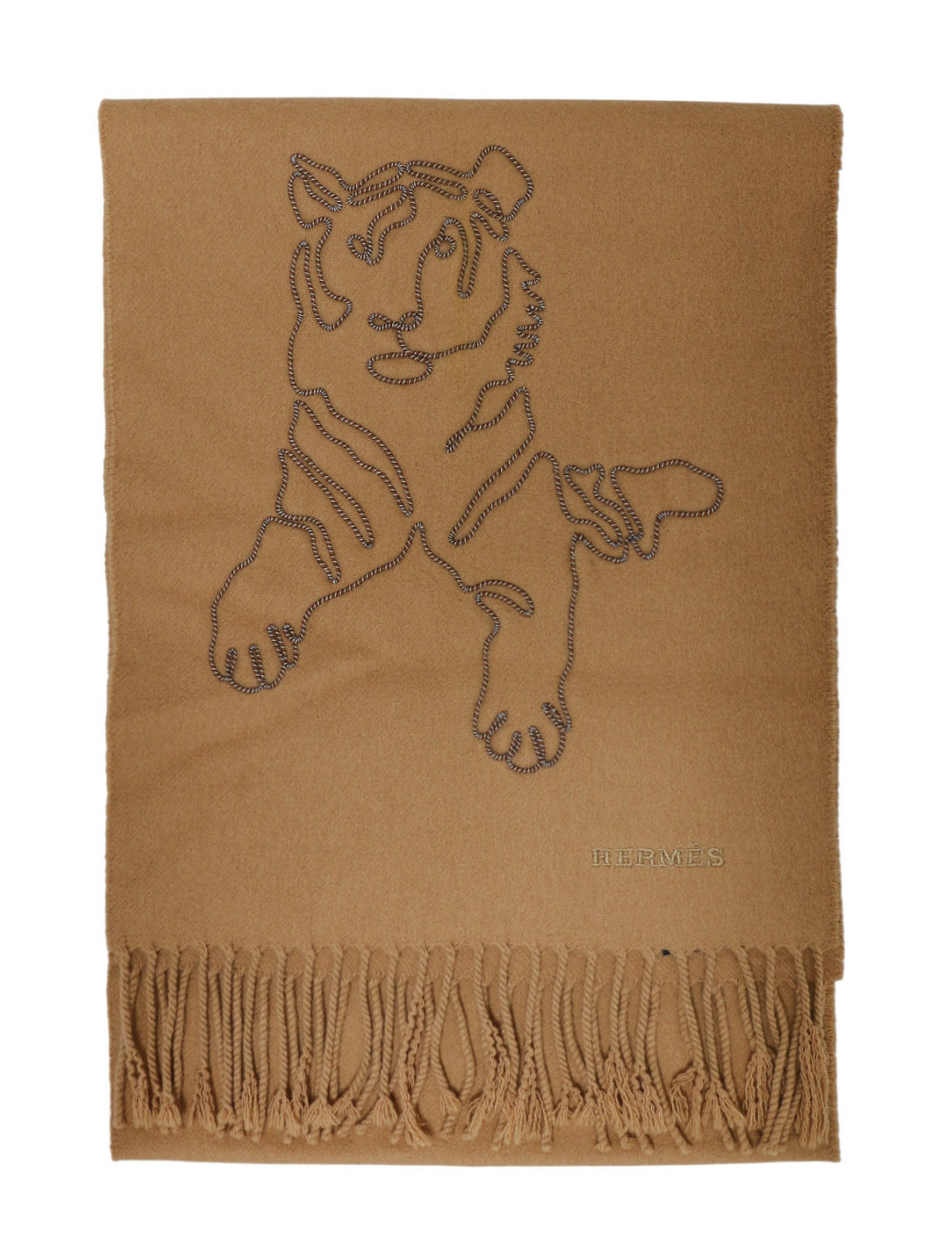 Écharpe Hermès en Cachemire Camel Broderie Tigre