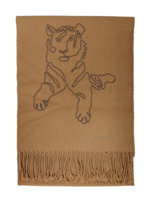 Écharpe Hermès en Cachemire Camel Broderie Tigre