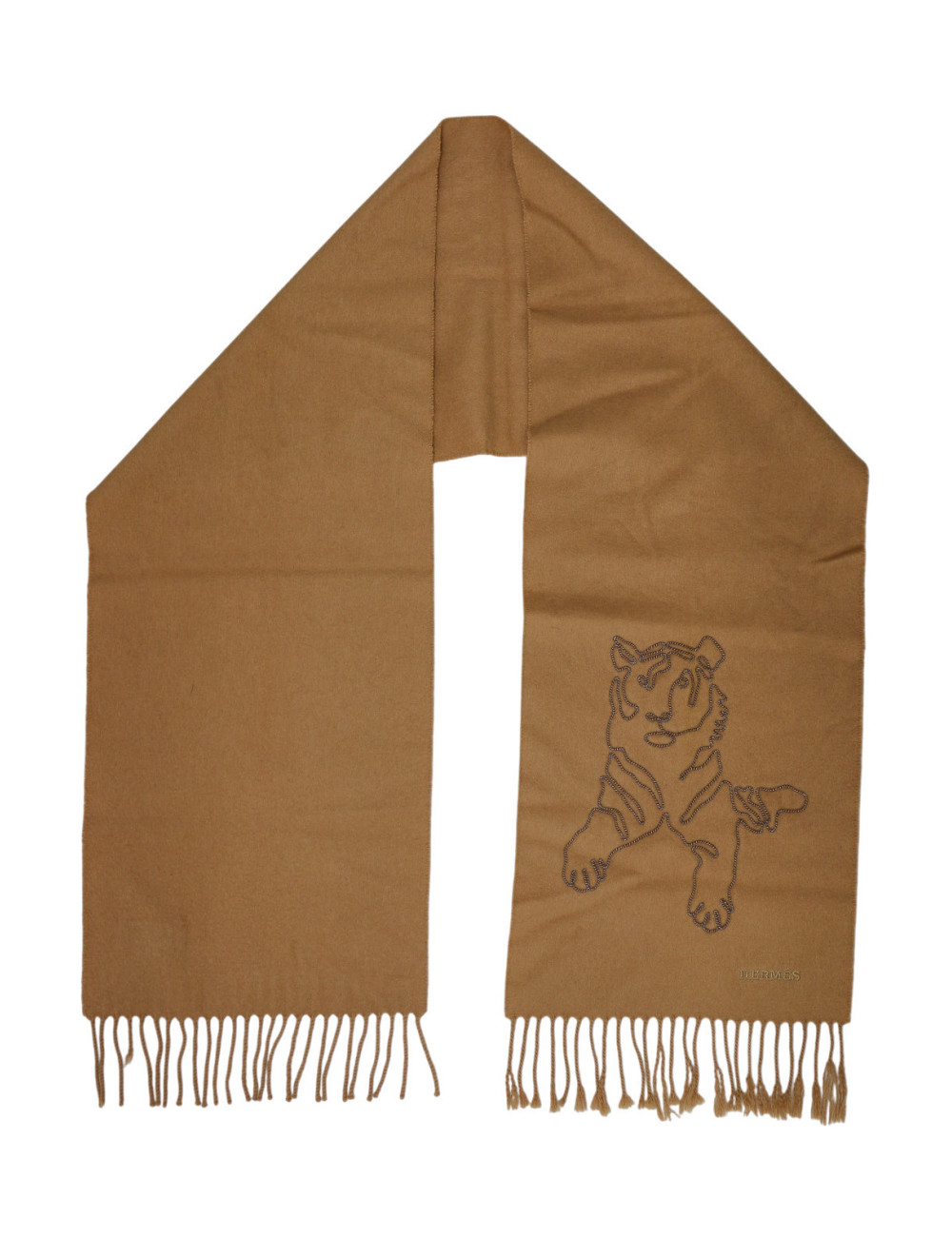 Écharpe Hermès en Cachemire Camel Broderie Tigre