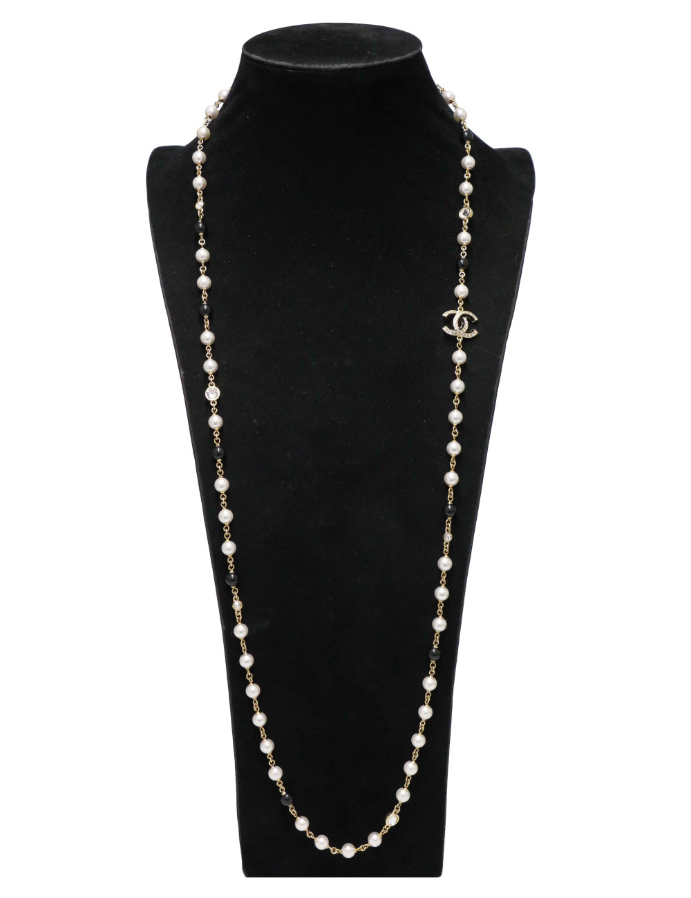 Sautoir Chanel doré perles noires et nacrées