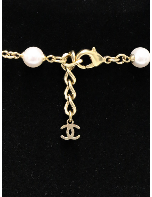 Sautoir Chanel doré perles noires et nacrées