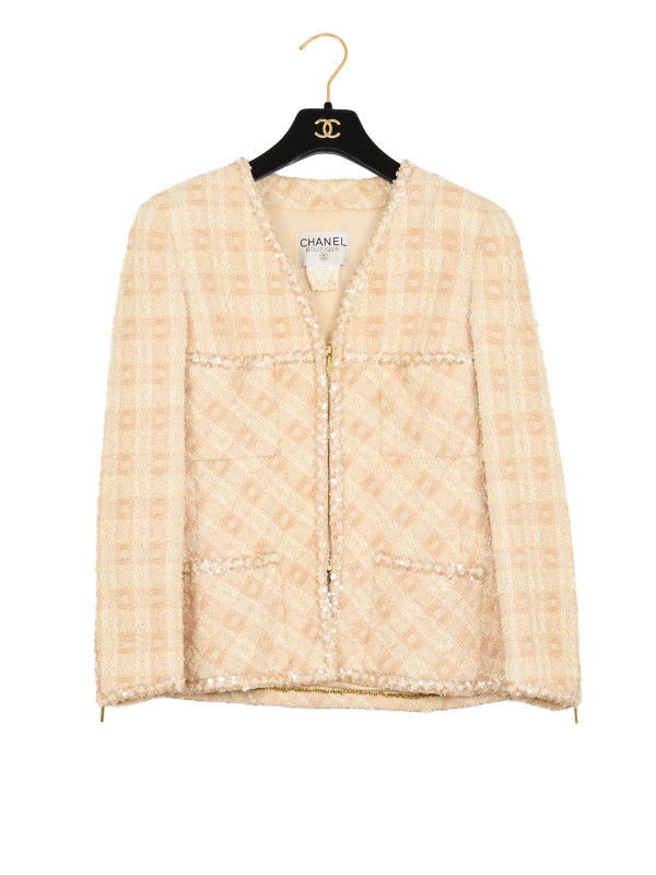 Tailleur CHANEL T 42 tweed écru fils d'or sequins
