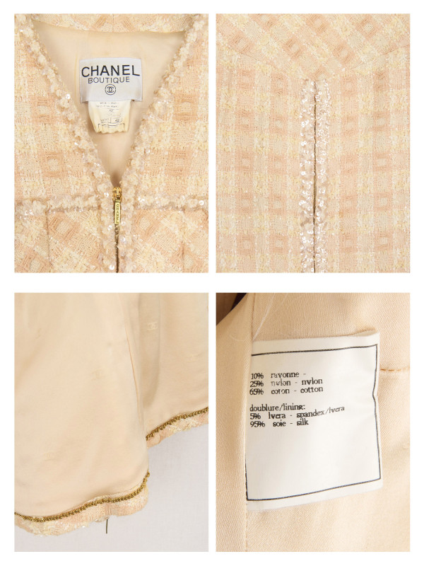 Tailleur CHANEL T 42 tweed écru fils d'or sequins