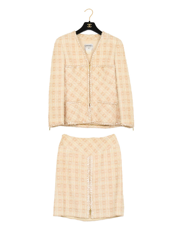 Tailleur CHANEL T 42 tweed écru fils d'or sequins