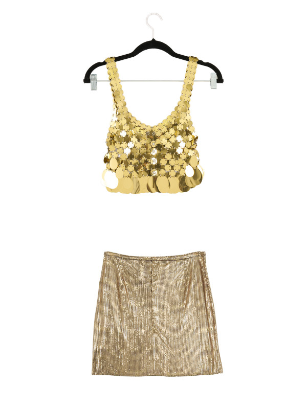 Ensemble Paco Rabanne doré haut et mini jupe T34
