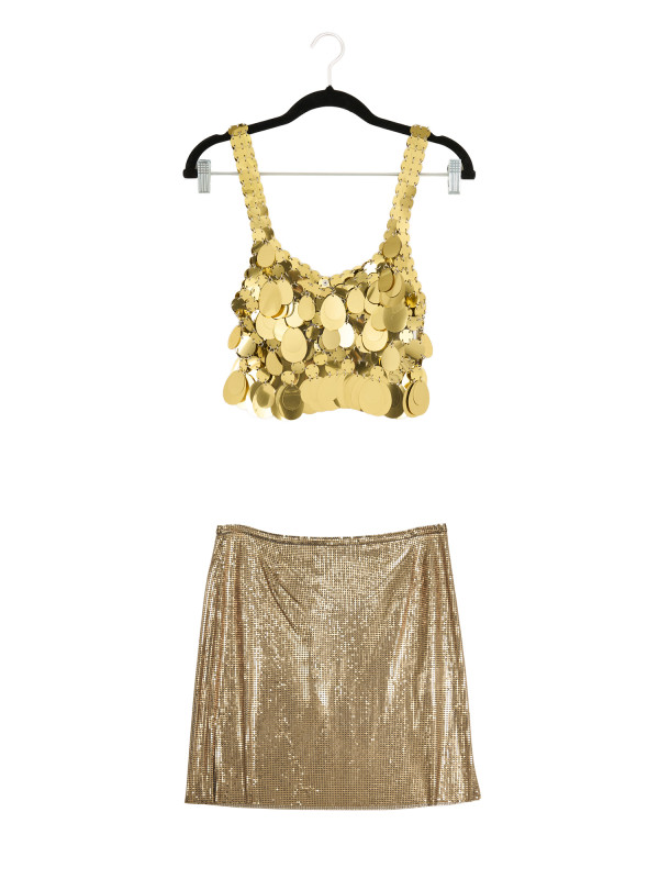 Ensemble Paco Rabanne doré haut et mini jupe T34