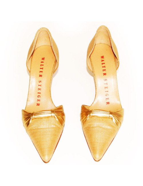 Escarpins WALTER STEIGER en raphia et cuir doré