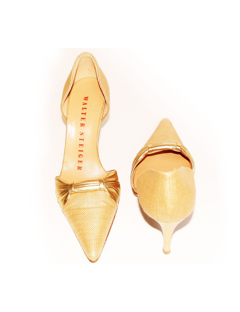 Escarpins WALTER STEIGER en raphia et cuir doré