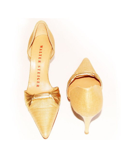 Escarpins WALTER STEIGER en raphia et cuir doré