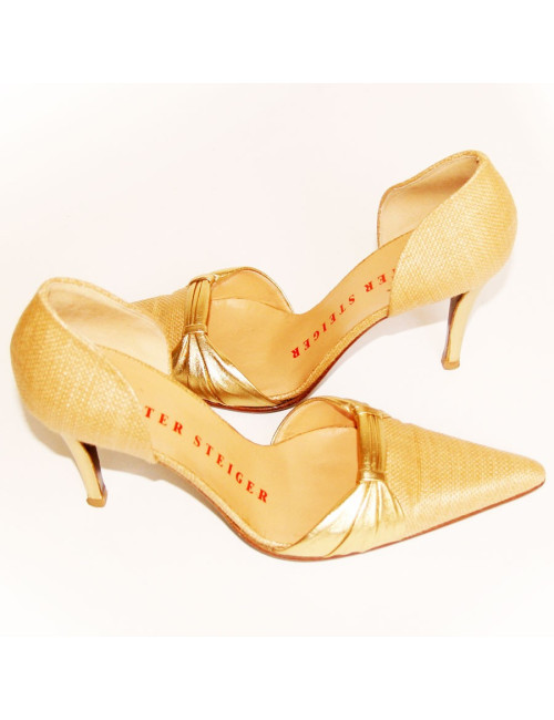 Escarpins WALTER STEIGER en raphia et cuir doré