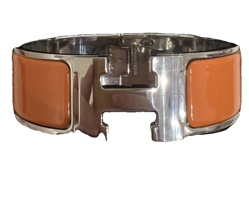 Bracelet Hermès Clic H Émail Orange Métal Plaqué Palladium Vintage