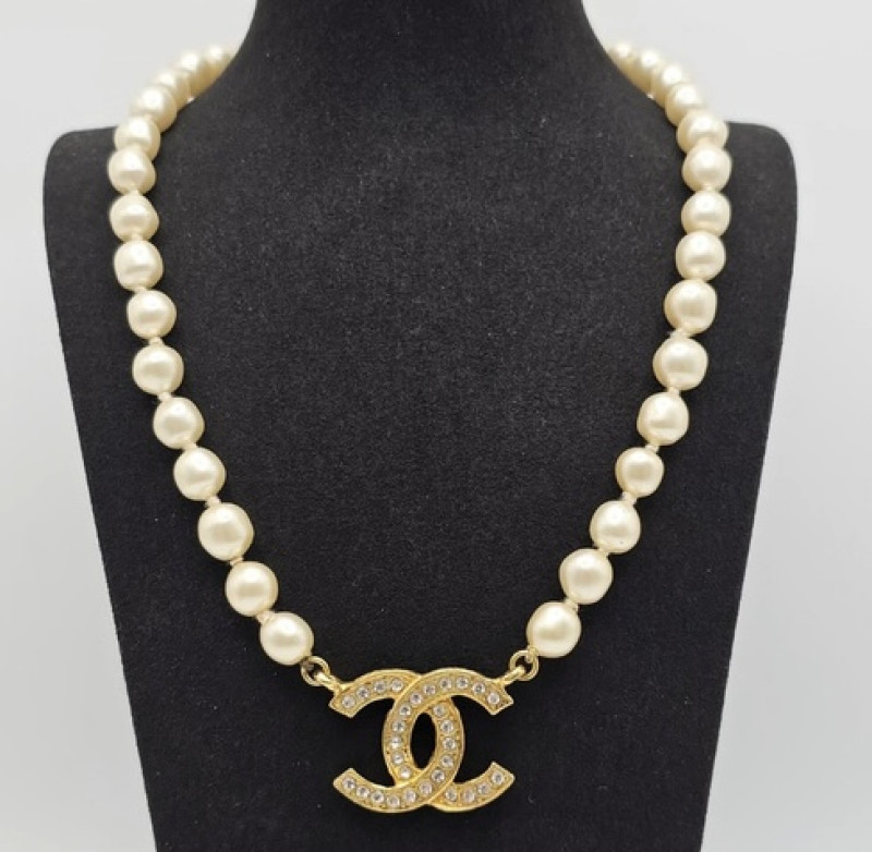 Collier perles double CC strass Chanel 2
