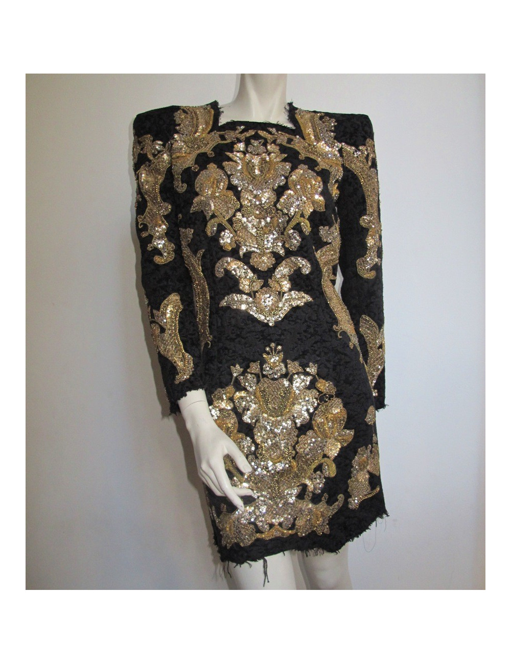 Robe BALMAIN en velours damassé noir brodée or T42