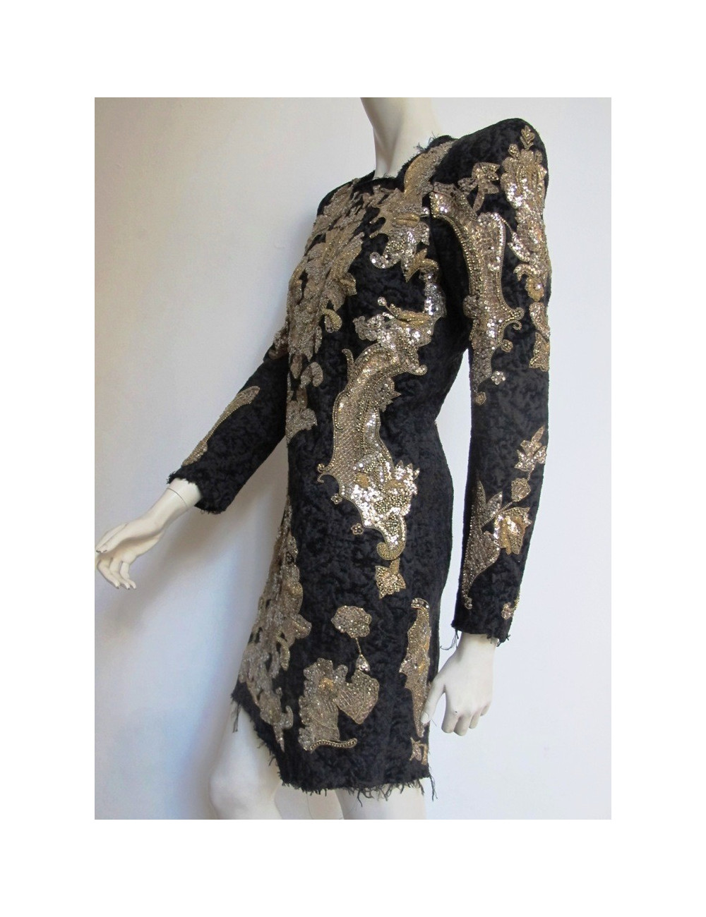 Robe BALMAIN en velours damassé noir brodé or