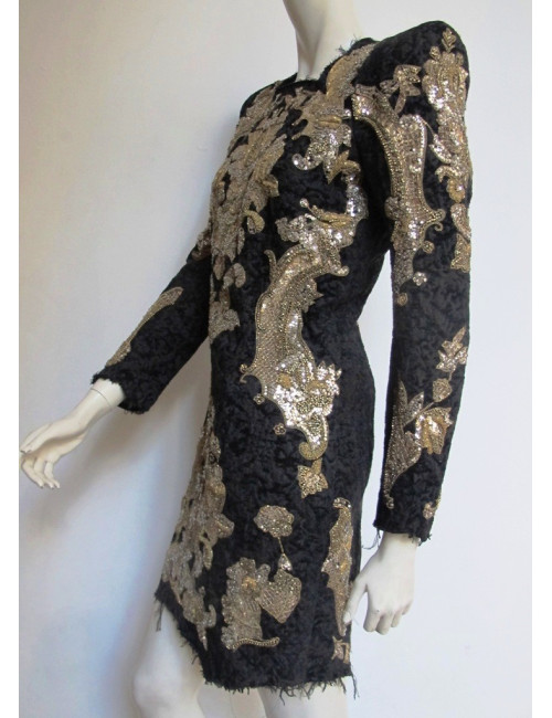 Robe BALMAIN en velours damassé noir brodée or T42