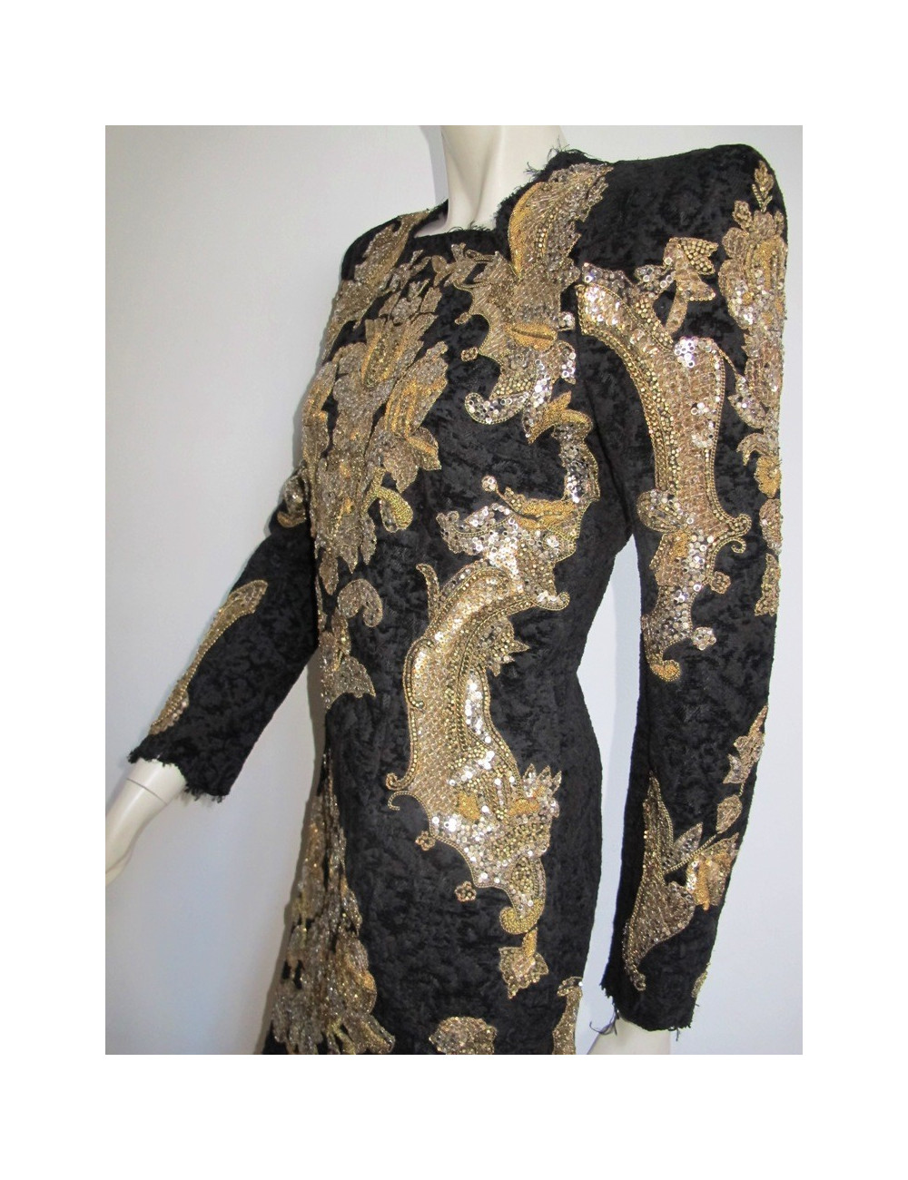 Robe BALMAIN en velours damassé noir brodé or