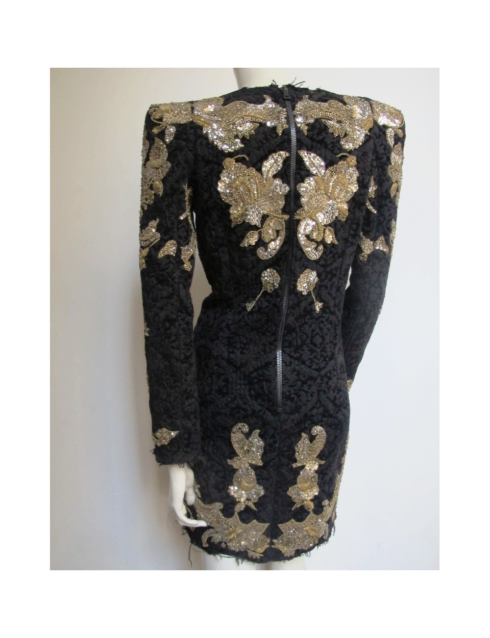 Robe BALMAIN en velours damassé noir brodée or T42