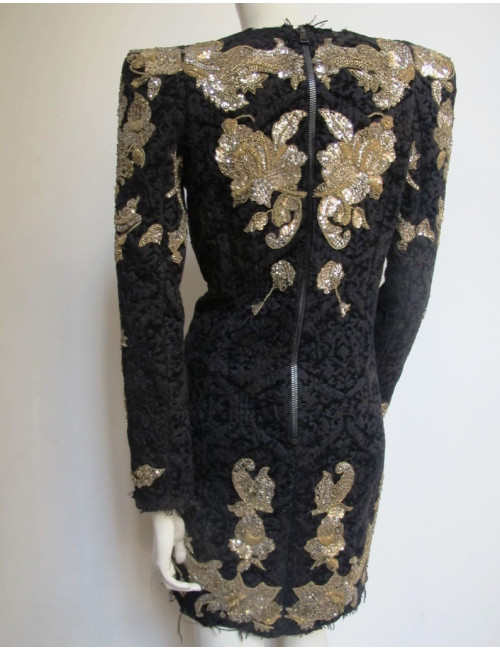 Robe BALMAIN en velours damassé noir brodé or