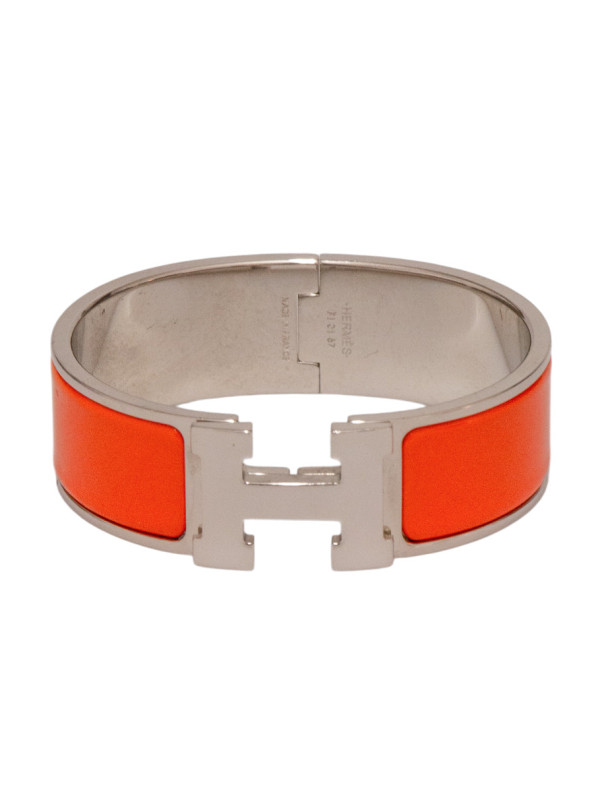 Bracelet Hermès Clic H Émail Orange Métal Plaqué Palladium Vintage 2