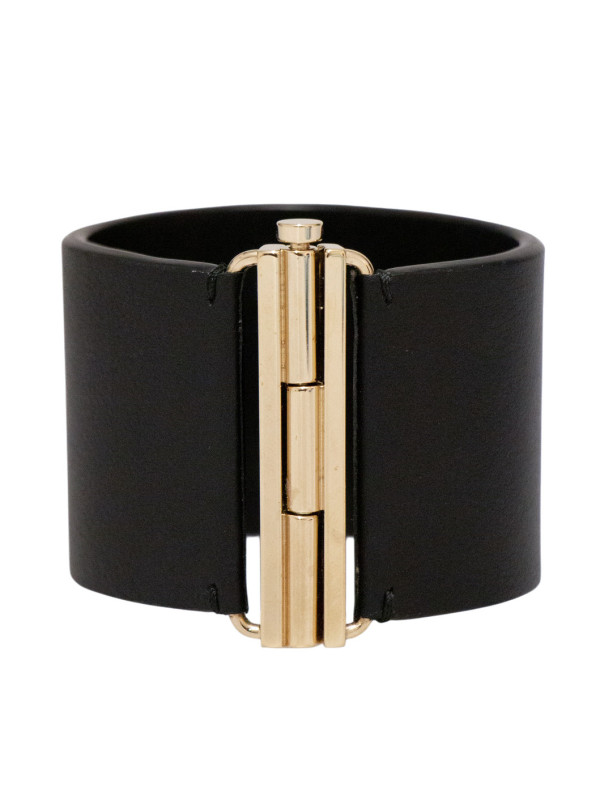 Bracelet Manchette Chanel CC Perles & Strass Dorés en Cuir Noir