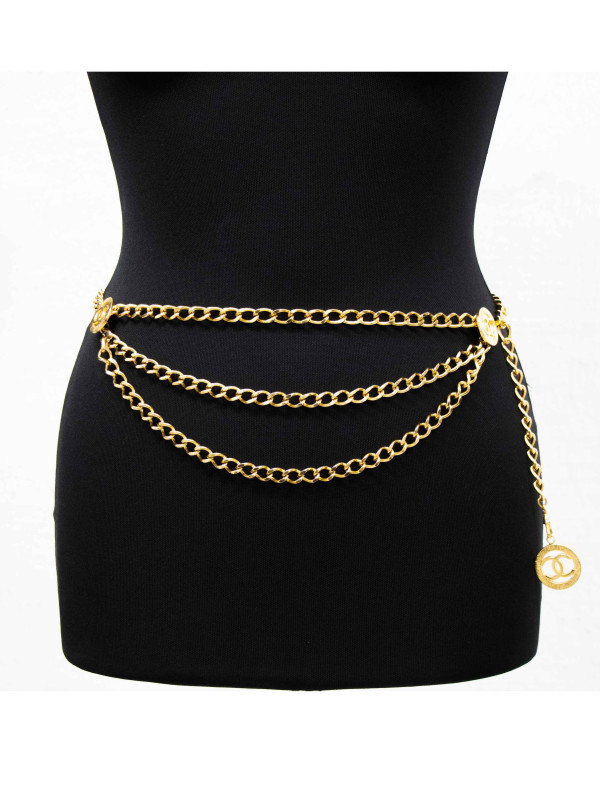 Ceinture Chanel Vintage 1984 Triple Chaînes Dorées à Médaillons CC
