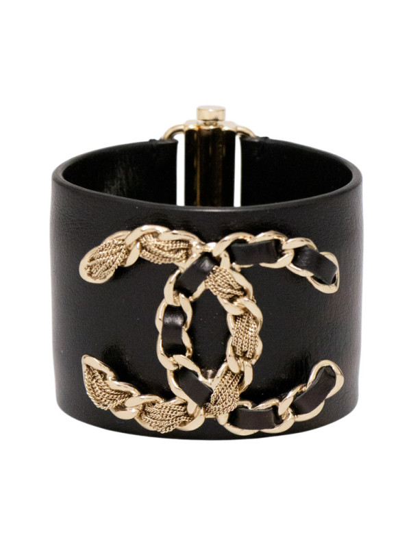 Bracelet Manchette Chanel CC Or et Cuir Noir Entrelacé 2