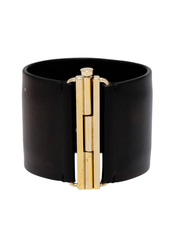 Bracelet Manchette Chanel CC Or et Cuir Noir Entrelacé