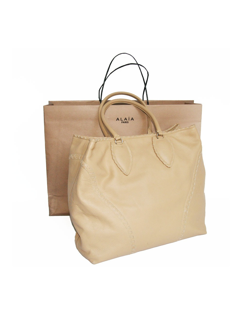 Grand sac cabas beige cuir grainé ALAIA 