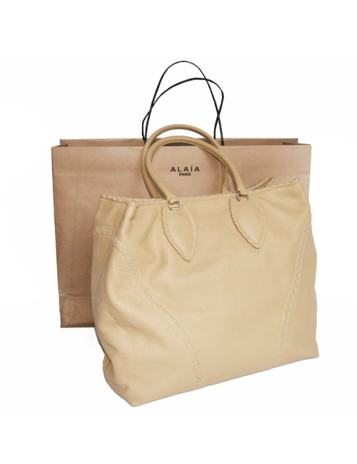 Grand sac cabas beige cuir grainé ALAIA 