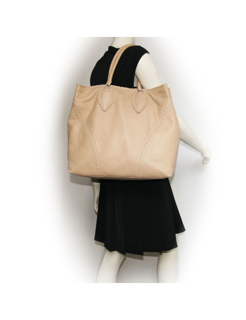 Grand sac cabas beige cuir grainé ALAIA 