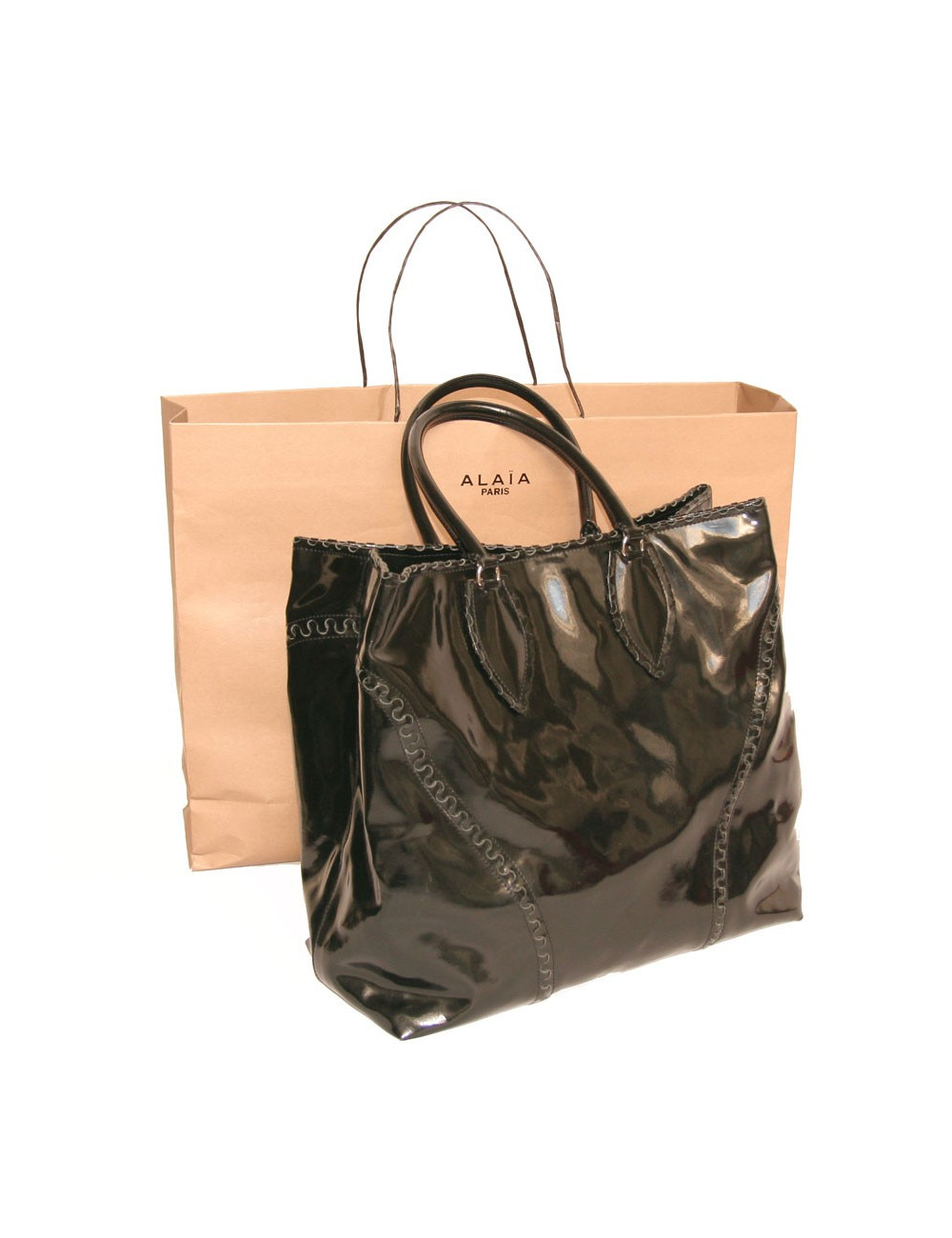 Grand sac cabas cuir verni noir ALAIA 