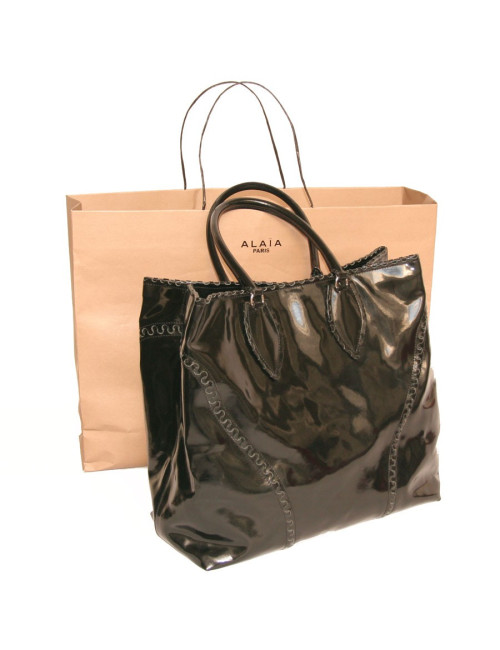 Grand sac cabas cuir verni noir ALAIA 